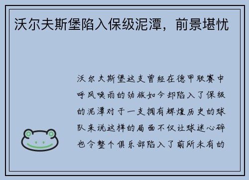 沃尔夫斯堡陷入保级泥潭，前景堪忧